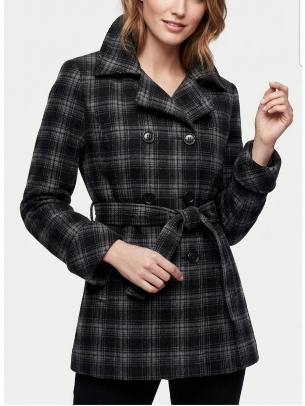 KRISTEN BLAKE Wool Pea Coat Women's S Black Plaid Dark Academia